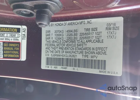 2016 Honda Cr-V Ex from USA, damaged, VIN 5J6RM4H5XGL062821